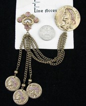Vintage Roman Coin Sweater Guard Pin Gold Tone Tin Metal Chain Big Brooc... - £17.13 GBP