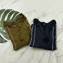 Garnet Hill Peasant Top Size S Lot of 2 Olive Green Navy Blue Embroidere... - $28.70