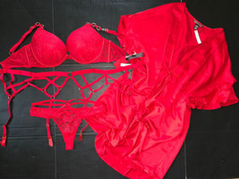 Victoria&#39;s Secret 34C,34DD,36D,38DD BRA SET+garter+M thong+ROBE kimono RED lace - £114.79 GBP