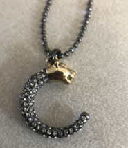 Stella &amp; Dot Sparkle Rhinestone Crescent Moon Gold Lion Panther Pendant ... - $36.99