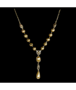 Faux Pearl Y Drop Necklace Golden Cream Silver Tone Chain 1920s Style 16&quot; - £11.29 GBP