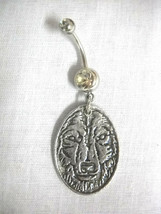 WILDLIFE WOLF SPIRIT OVAL PEWTER PENDANT 14g CLEAR CZ BELLY BAR NAVEL RING - $8.50