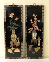 Vintage Chinese Black Lacquer Panels inlaid Jadestone and Mother of Pearl (3517) - £744.10 GBP
