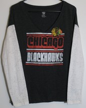 Chicago Blackhawks NHL Womens Long Sleeve T-Shirt L Gray White Deep V-neck Chief - £21.11 GBP