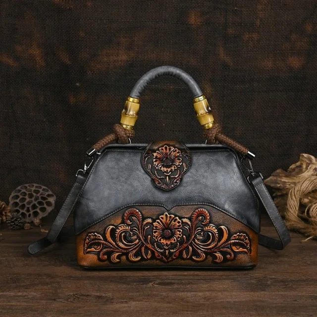  Handmade Luxury Handbags For Women Leather Shoulder Bags   Vintage Carved Ladie - £53.97 GBP