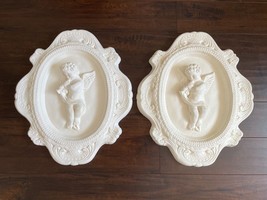 Pair Vtg Large Cherub Playing Trumpet Architectural Plaster Plaques Medallions - £679.32 GBP