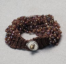 Bohemian Multi-strand Brown Knit Cuff Beaded Bracelet Iridescent Seed Beads Boho - £9.35 GBP