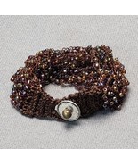 Bohemian Multi-strand Brown Knit Cuff Beaded Bracelet Iridescent Seed Be... - £9.34 GBP