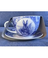 Beatrix Potter Peter Rabbit Ceramic Teacup and Saucer Set Blue Toile Easter New - $28.95