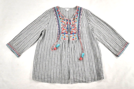 J Jill Love Linen Boho Embroidered Hook n Eye Front Striped Tunic Top Wms Small - $34.99