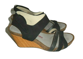 Tsubo Nilanti Women&#39;s 10 Wedge Sandals Strappy Black Leather Cork Jute Heel - £38.36 GBP