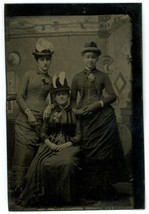 Circa 1800&#39;S Antique 6th Plate Tintype Three Beautiful Women Victorian Dress Hat - £18.50 GBP