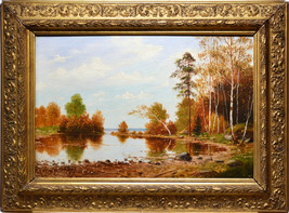 Quiet Backwater Scandinavian Autumn Landscape early 20th century Oil Pai... - $484.00