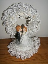 Vintage Porcelain Hard Plastic Arched Lace Surround Wedding Cake Topper - £19.50 GBP