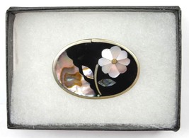 Alpaca Silver Brooch Abalone Mother of Pearl Inlaid Flower Signed MSJ Mexico - £23.85 GBP