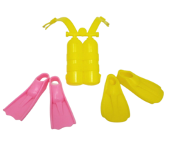 Vintage Mattel Barbie Doll Plastic Scuba Snorkle Gear Yellow Tank Pink Flippers - $14.25