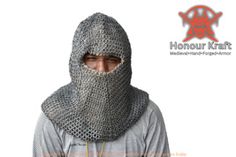 Chainmail hood with cotton padded coif black flat riveted 9 mm ring 17 g... - $154.99+