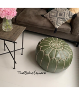 Handmade &amp; Hand-Stitched Moroccan Pouf, Genuine Leather Ottoman, Olive G... - $79.99