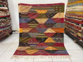 Handwoven Moroccan Kilim Rug: Geometric Flat-Weave, Vibrant Colors (112c... - $569.50