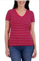 Tommy Hilfiger Womens T-Shirt Red Striped V-Neck Short Sleeves Tee Light... - $616.38 MXN