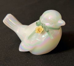 Fenton Iridescent Milk Glass Bird with Yellow Flower and Pink Bow Paperweight - £27.40 GBP