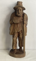 Vintage Wooden Figurine Hand-Carved Old Man Traveler With a Stick And Knapsack - £18.92 GBP