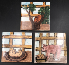 Lot of 3 Diff VTG Pigs Piglets Hand Painted Tiles 4.25&quot; - 4.5&quot; Mexico - $27.10