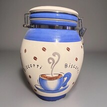 Nice Inspirado Blue &amp; White Biscotti Cookie Jar - Italian, Coffee Beans - $20.79