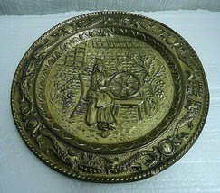 m94 Vintage Brass Wall Plate 9.5&quot; Plaque Welch Woman at Spinning Wheel - £7.03 GBP