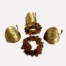 3 Brass Metal Gold Fall Leaf &amp; 2 Beaded Cluster Napkin Rings Autumn Thanksgiving - £31.41 GBP