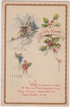 Merrie Christmastide Postcard A Jolly Xmas 1918 Windmill Holly Akron Ohio - $2.99