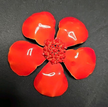 Vintage 60s Red Enamel Flower Power Brooch Pin Mod Retro Metal 3&quot; Bold S... - $25.48