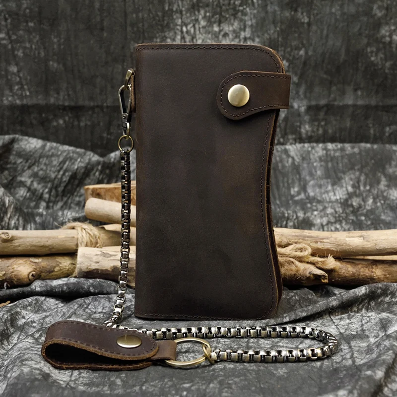 Men&#39;s Vintage Crazy Horse Leather Chain Wallet Genuine Leather Bifold Long Walle - $84.51