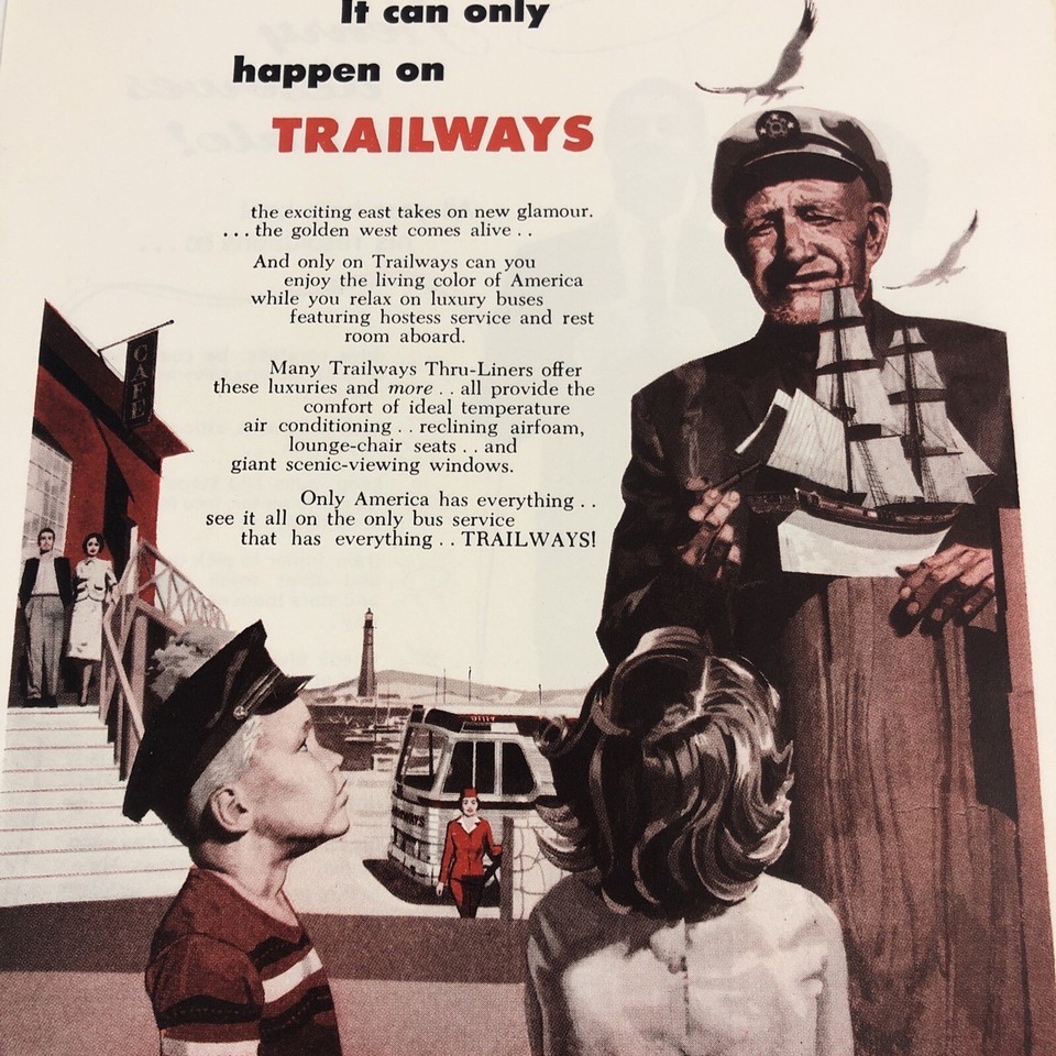 1955 Trailways Bus Line print ad Thru Liners Model Ship Continental Insu... - $10.78