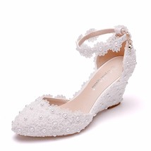 Crystal Queen Lace 8CM Wees Heel Woman Wedding Shoes Bride White Lace UP Sweet B - £45.54 GBP