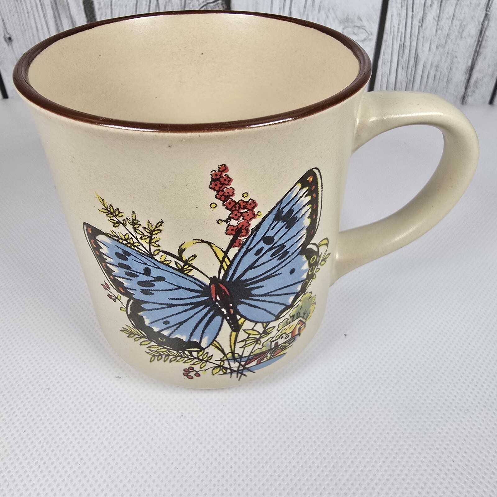 Vintage Stoneware Mugs Set Of 3 Blue Orange Butterfly Motif Brown Rim 12 oz Item image 7