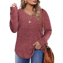 Womens Plus Size Shirts Long Sleeve Basic Knit Tops V Neck Solid Wine Red Tunics - £42.48 GBP