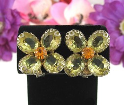 Yellow Glass Petals Flower Clip On Earrings Vintage Orange Rhinestone Goldtone - £17.14 GBP