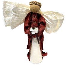 Vintage Christmas Paper Raffia Angel Holding Bouquet Red White 14 inches... - £22.73 GBP