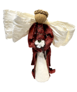 Vintage Christmas Paper Raffia Angel Holding Bouquet Red White 14 inches... - £22.78 GBP