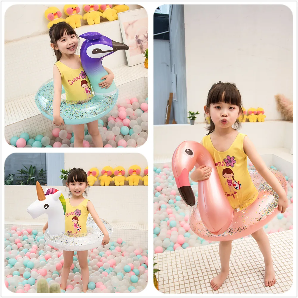 Inflatable Children Swimming Ring Sequins Flamingo Peacock Unicorn Floating Seat - £16.05 GBP