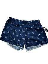 No Boundaries Blue Anchor Pattern Nautical Lace Trim Shorts Size XS Elastic - $9.49