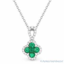 0.36 ct Emerald &amp; Diamond Pave Flower Charm Necklace Pendant in 14k White Gold - £971.82 GBP