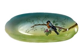 An item in the Pottery & Glass category: Vintage Prov Saxe E.S. Germany Hand Painted Oblong Bowl Robin on Branch