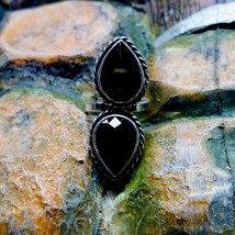 Black Onyx Adjustable Ring | Double Teardrop Sterling Silver Boho Ring |... - $70.56 CAD