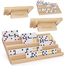 Domino Racks With Stand Set Of 4, Mexican Train Dominoes Set Trays Woode... - $62.69