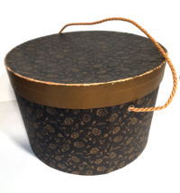 Vintage 1940&#39;s Black and  Gold Floral Wallpaper Hat Box 10&quot; Rope Handle ... - $42.08
