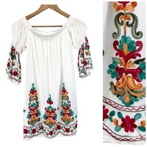 Sage Women Size S Bohemian Off Shoulder Tunic Top Embroidered Floral Cream - £15.37 GBP