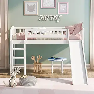 Merax Twin Size Loft Bed with Slide and Ladder, White - £374.12 GBP