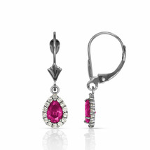 2.25CT 14K White Gold Halo Ruby Pear Tear Drop Dangle Leverback Earrings - £140.25 GBP